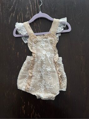Beige Floral Embroidered Baby Romper